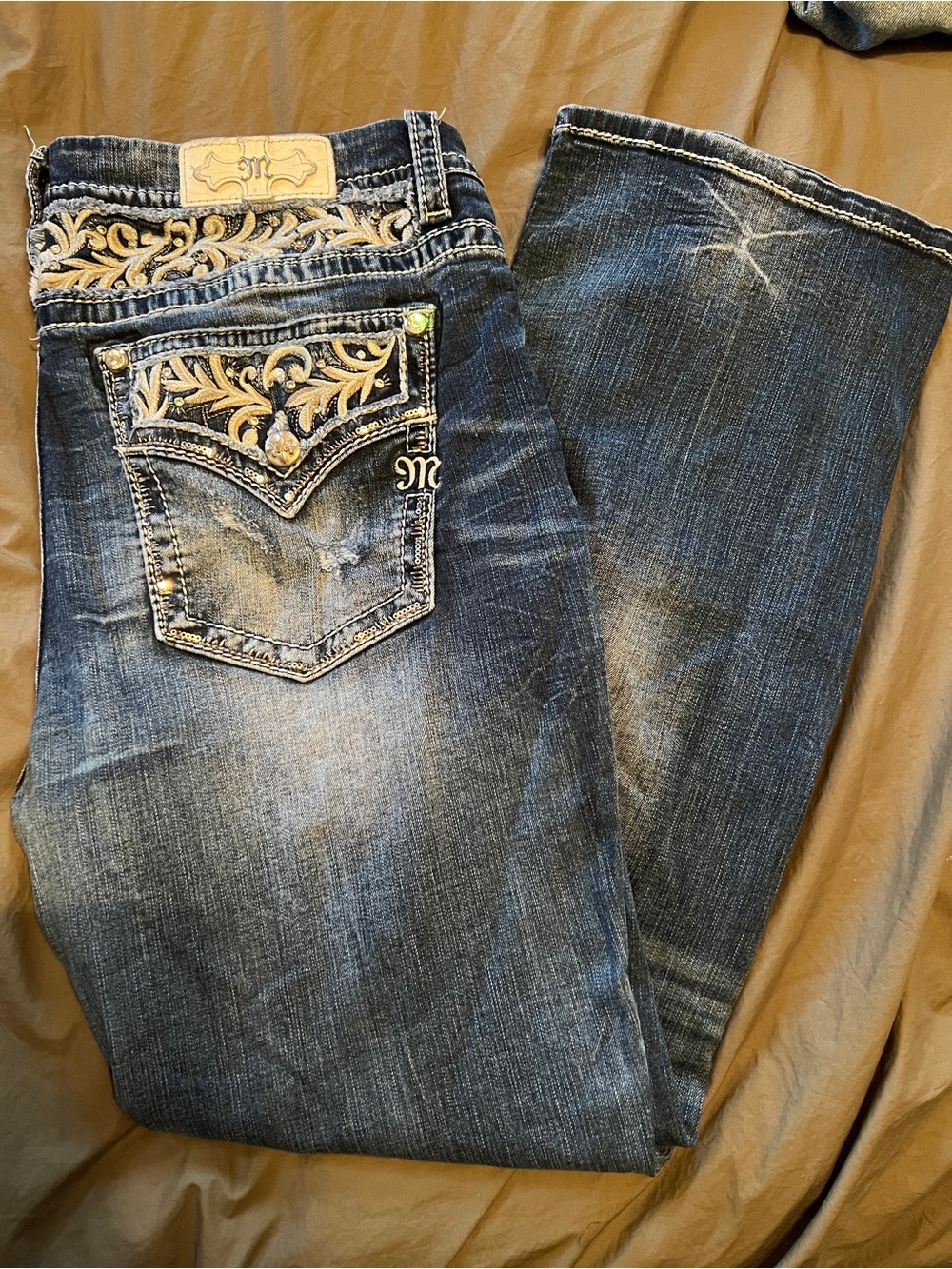 Miss Me Dark Blue Boot Cut Jeans with Embroidered Pockets